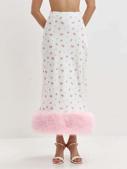 Floral Print Satin Faux Fur Trim Midi Skirt