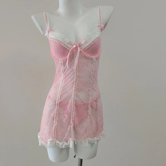 Pink Lingerie Transparent Lace Nightdress