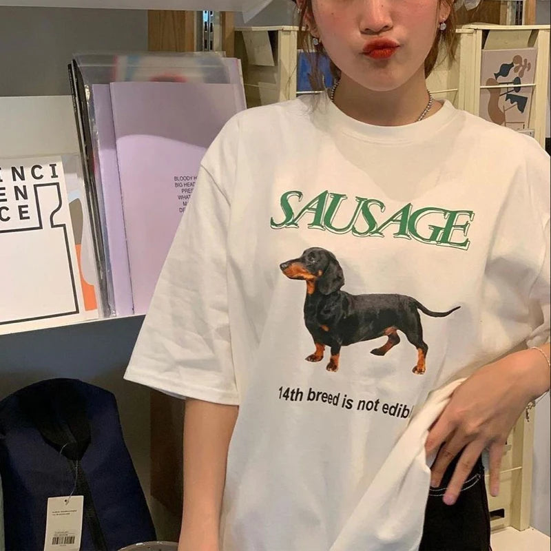 Sausage Dog Print T Shirt Women Oversized Funny Tees