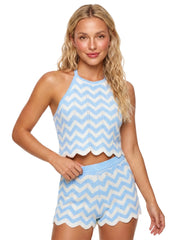 Striped Crochet Ruffle Hem Halter Top And Shorts Set