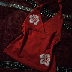 Red Halter Hibiscus Print Top