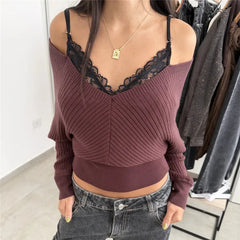 Off Shoulder Lace Trim Knit Long Sleeve Top