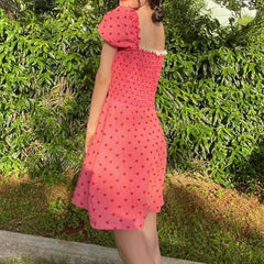 Red Smocked Heart-shaped Printed Mini Dress
