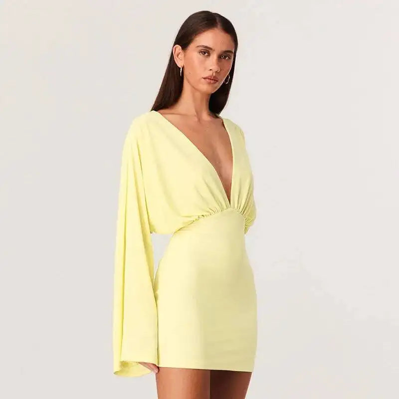 deep v neck mini dress with sleeves V-neck Long Sleeve – Free From Label Size(<a href=