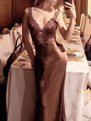 Brown Lace Patchwork Satin Strap Maxi Dress