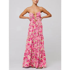 Spaghetti Straps Cross Tie-up Front Floral Print Cutout Long Dress