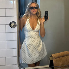 White Polka Dot Halter Mini Dress