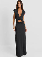 Black Twist Ruched Waist Cut Out Cap Sleeve Maxi Dress
