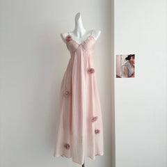 Pink 3D Flowers Slip Maxi Dress