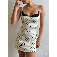 Satin Polka Dot Lace Trim Spaghetti Strap Mini Dress