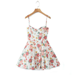 Flower Print Cotton Corset Lace Ball Gown Swing Mini Dress