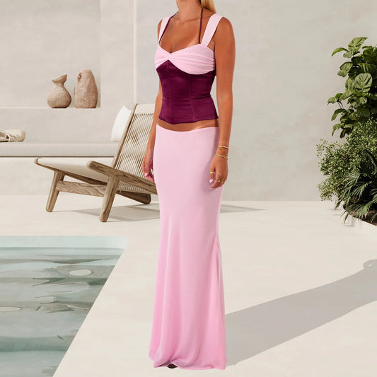 Women's floral lace-up corset crop top and matching mermaid long skirt set.

