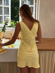 Yellow Fruit Print V-Neck Mini Dress