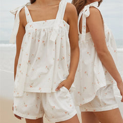 White Printed Tie Shoulder Top And Shorts Lounge Set
