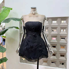 Beaded Tassel Hem Lace 3D Applique Strapless Mini Dress