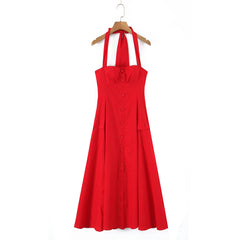 Red Button Bow Halter Midi Dress