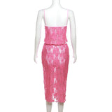 Pink Lace Sheer Cami Top And Midi Skirt Set