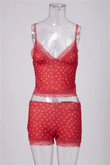Heart Print Lace Trim Spaghetti Strap Crop Top And Shorts Pajama Set