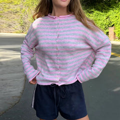 Striped  Crew Neck Open Front Button Down Cardigan
