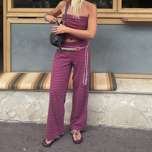 Striped Print Bandeau Tube Top And Elastic Waist Wide Leg Pantsuit