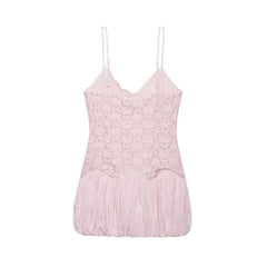 Pink Patchwork Pattern Lace Spaghetti Strap Mini Dress