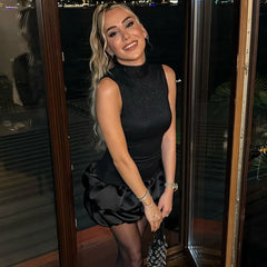 Black Lace High Neck Sleeveless Satin Puff Hem Mini Dress