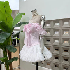 Ruffled Trim Off-shoulder Crop Top And White Tulle Mini Skirt Set