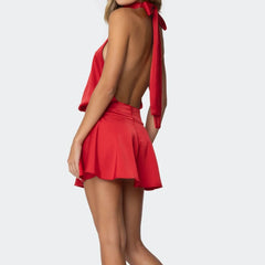 Red Satin Open Back Halter Neck Mini Dress