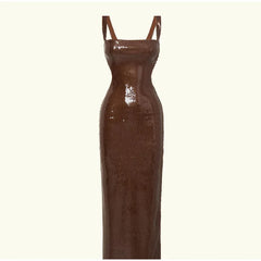 A glamorous brown sequin maxi dress with a sleeveless design and a flattering silhouette.