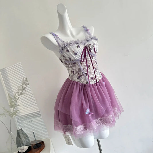 Purple Lace-Up Corset Tulle Mini Dress