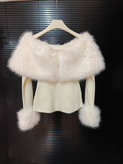 White Fur Collar Long Sleeves Off-Shoulder Top And Mini Skirt Set