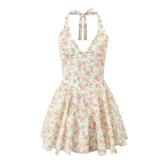 Bow Halter V Collar A-Line Pleated Open Back Floral Mini Dress