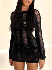 Black sheer long-sleeve dress worn by a model on a neutral background