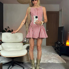 Plaid Print O-neck Sleeveless Mini Dress