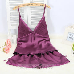 Satin Lace Bow Cami Top And Shorts Pijamas Set