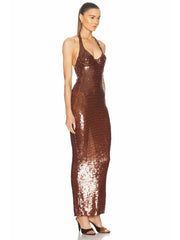 Brown Sequin Halter Maxi Dress