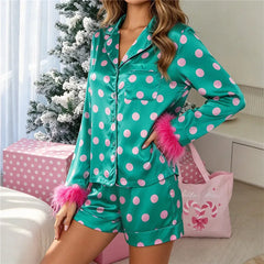 Satin Polka Dot Long Sleeve  Feather Cuff Top And Shorts Set