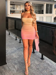 Pink Gradient Ruched Bodycon Strapless Mini Dress With Scarf