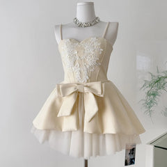 Spaghetti Strap A-Line Tiered Embroidered Bow Tulle Mini Dress