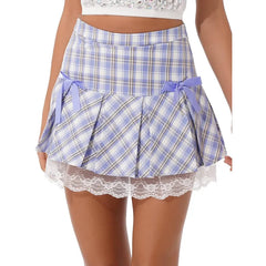 Bow Trim Plaid Ruffle Hem Pleated Mini Skirt