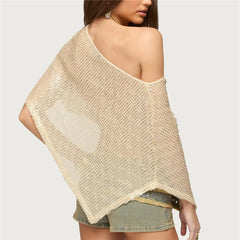 Asymmetric Off Shoulder Sequin Mesh Poncho Top