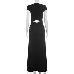 Black Twist Ruched Waist Cut Out Cap Sleeve Maxi Dress