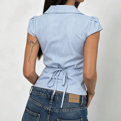 Striped Cap Sleeve Button Down Fitted Back Tie Cropped Shirt