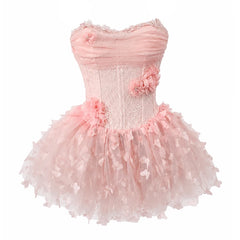 Strapless Flower Textured Bubble Ruffle Mini Dress