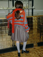 Red Stripe Knit Cardigan With Scarf