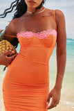 Orange Mesh Lace Patchwork Cami Maxi Dress