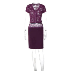 Purple Lace Sheer Short Sleeve Crop Top And Midi Skirt Set