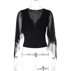 Deep V-Neck Mesh Split Flare Long Sleeve Top