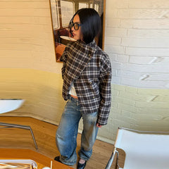 Plaid Asymmetric Button Stand Collar Jacket
