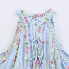 Blue Floral Stripes Print Sleeveless Mini Dress